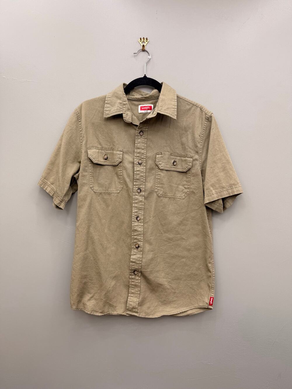 Wrangler Work Shirt Men S Khaki Olive Short Sleeve Utility 98% Cotton